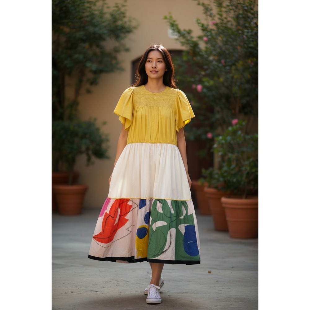 Love Binetti Diego Binetti Yellow Smocked Abstract Floral Midi Dress XS Womens